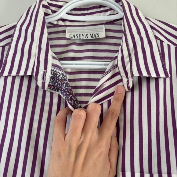 Vintage Preppy Striped Button Down Purple White Shirt Retro Floral Lining - XL - Picture 7 of 8